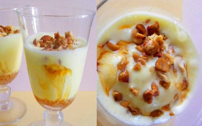 Copa helada de limón con base de caramelo y topping de cacahuetes